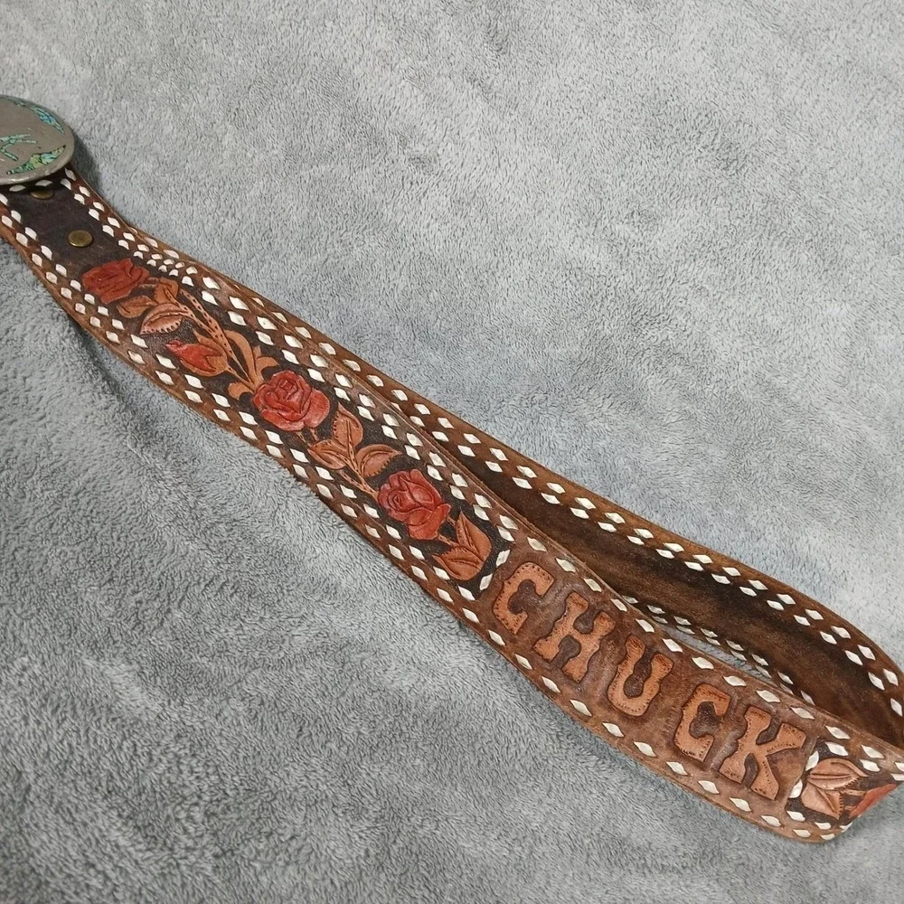 Vintage Dale Western Belt & Buckle Mens Floral Tooled Leather Inlay Chip 